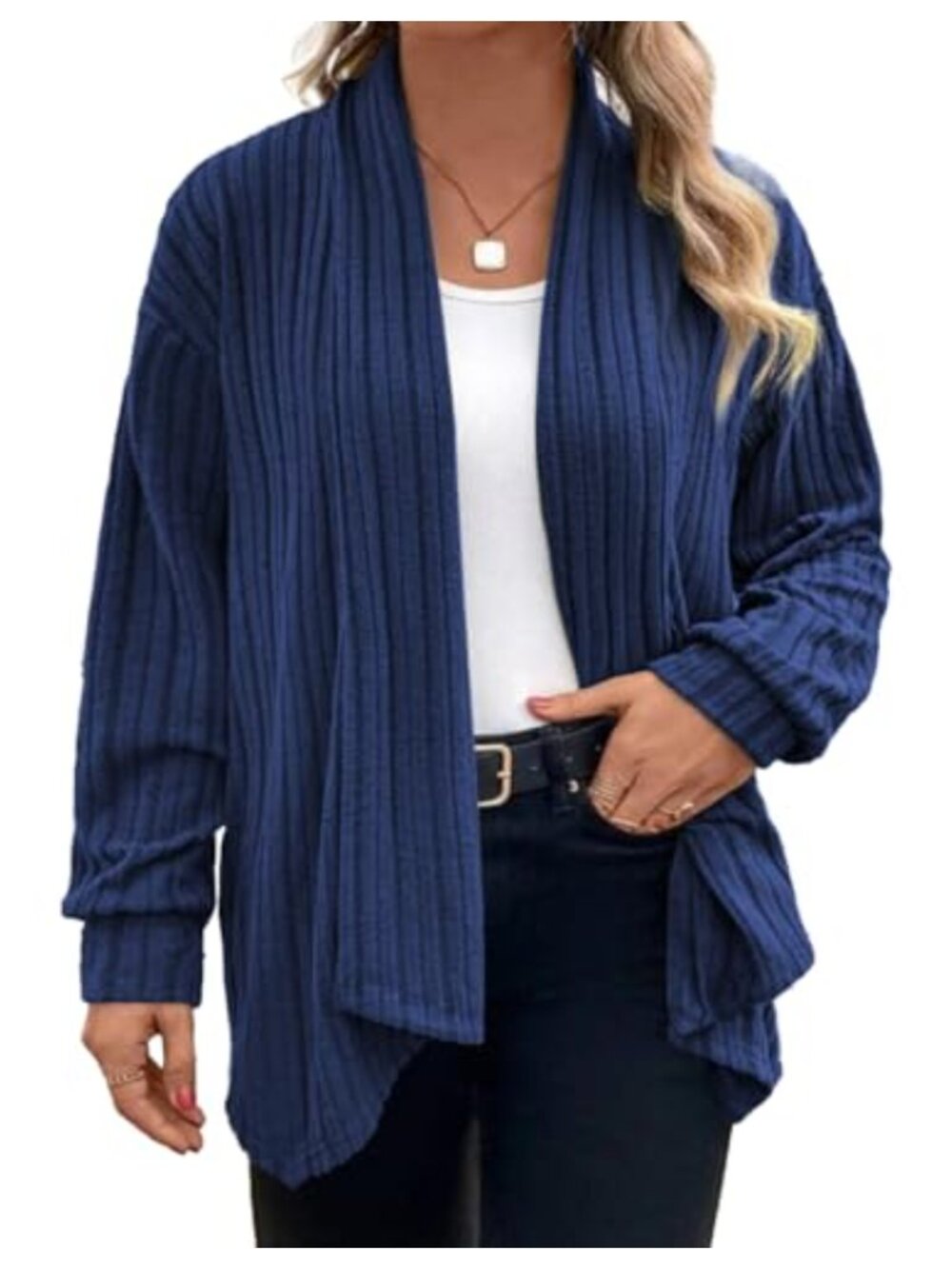 Plus Size Lightweight Ribbed Knit Open Front Asymmetrical Cardigan
